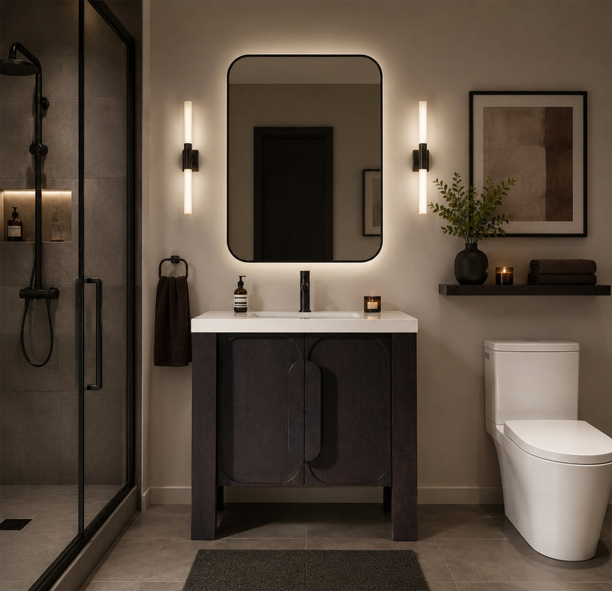 Bathroom with wooden vanity, white countertop, and decorative elements.