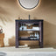 Bathroom vanity with open cabinet displaying toiletries against a beige wall.