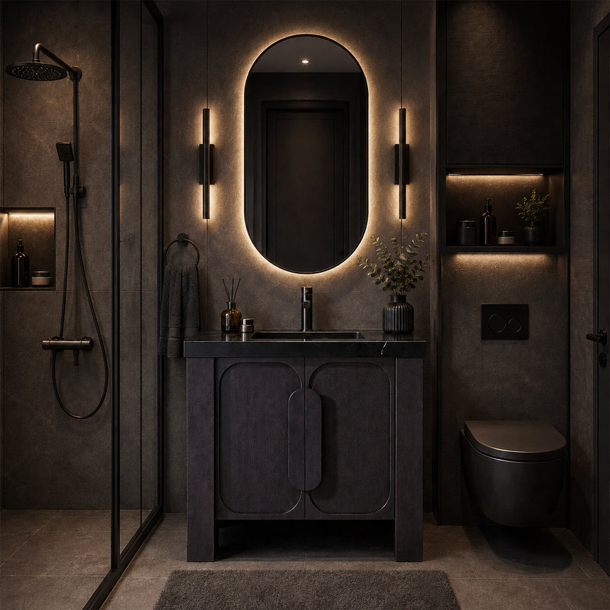 Bathroom with wooden vanity, white countertop, and decorative elements.