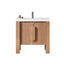 Bathroom vanity with wooden cabinet and white countertop on a white background