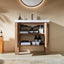 Bathroom vanity with open cabinet displaying toiletries against a beige wall.