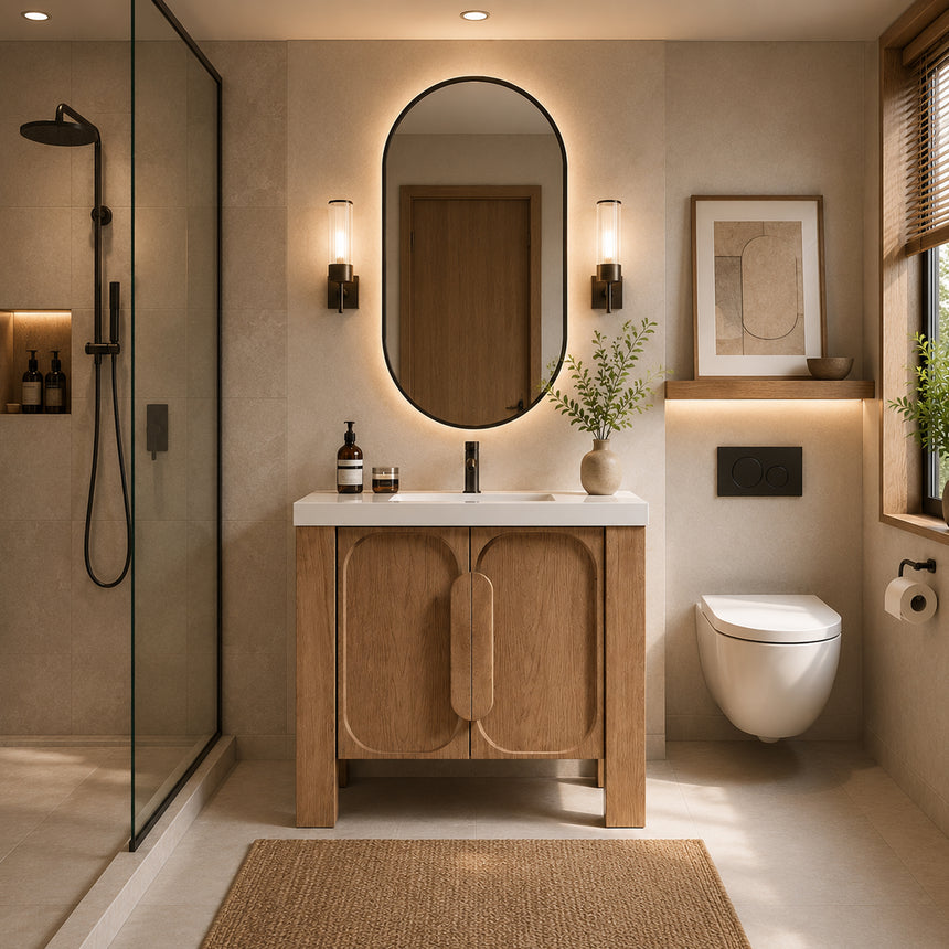 Bathroom with wooden vanity, white countertop, and decorative elements.