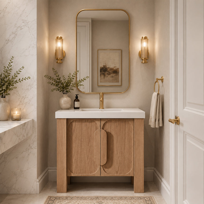 Bathroom with wooden vanity, white countertop, and decorative elements.