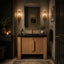 Bathroom with wooden vanity, mirror, and decorative elements.
