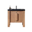 Wooden bathroom vanity with black countertop on a white background
