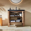 Bathroom vanity with open cabinet displaying toiletries against a beige wall.