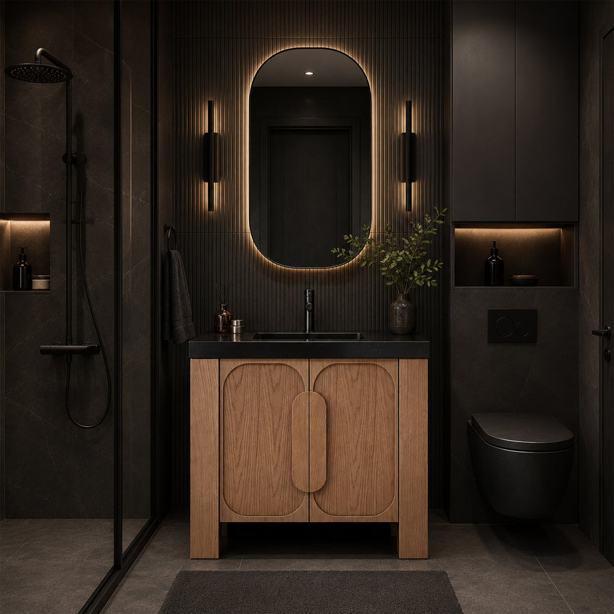 Bathroom with wooden vanity, white countertop, and decorative elements.