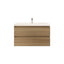 Bathroom vanity with wooden finish and white countertop on a white background