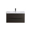 Bathroom vanity with white countertop and dark wood finish on a white background