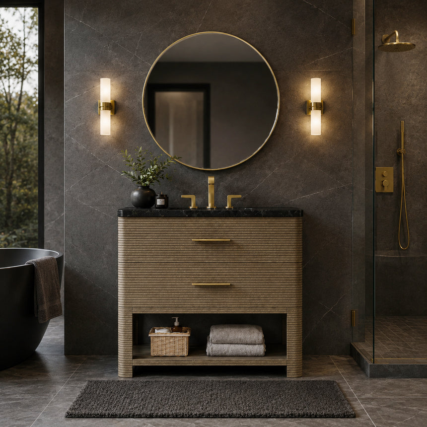 A modern bathroom vanity with a light oak wood frame, six drawers, an open lower shelf, and a white marble top with an integrated sink. The vanity is styled in a bright bathroom with a white freestanding tub, a gold faucet, and a glass shower stall in the background.