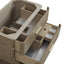 Beige vanity with open drawers and compartments on a white background