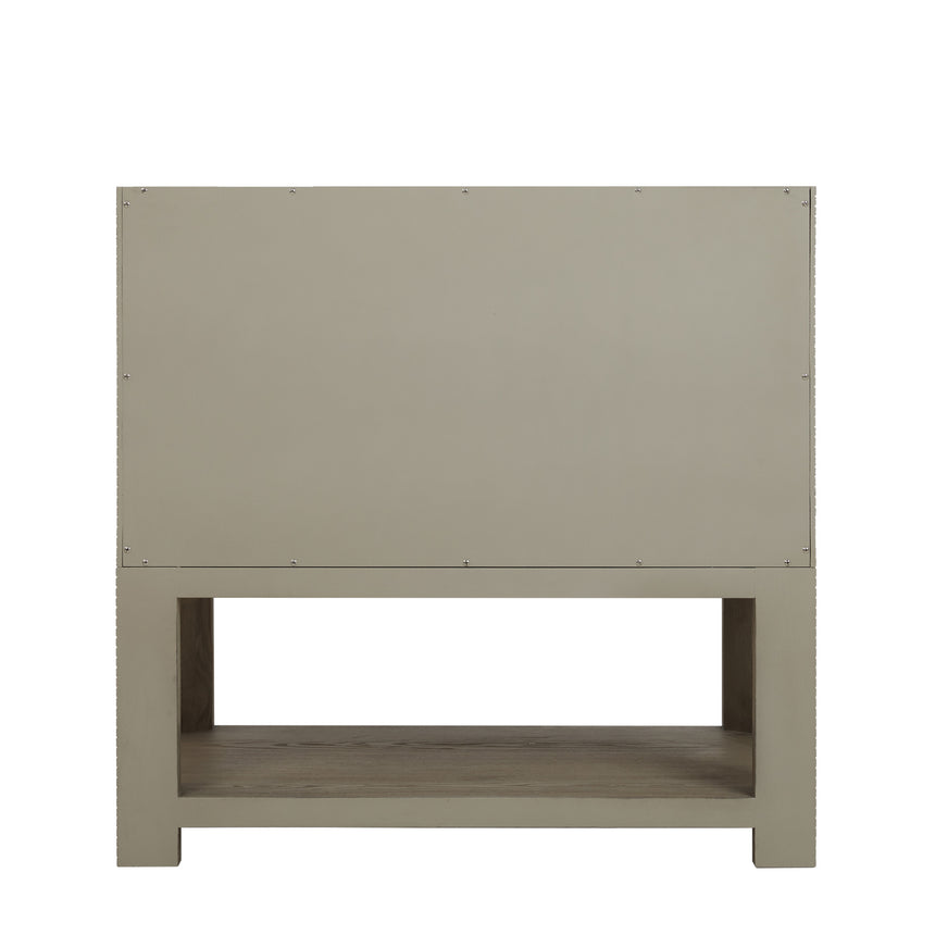 A modern bathroom vanity with a light oak wood frame, six drawers, an open lower shelf, and a white marble top with an integrated sink. The vanity is styled in a bright bathroom with a white freestanding tub, a gold faucet, and a glass shower stall in the background.