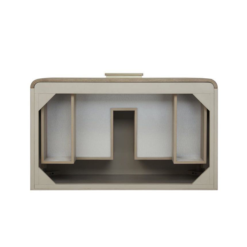 A modern bathroom vanity with a light oak wood frame, six drawers, an open lower shelf, and a white marble top with an integrated sink. The vanity is styled in a bright bathroom with a white freestanding tub, a gold faucet, and a glass shower stall in the background.