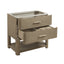 A modern two-drawer bathroom vanity with a light oak wood grain finish and gold-toned metal handles, shown with one drawer partially open to reveal storage compartments inside.