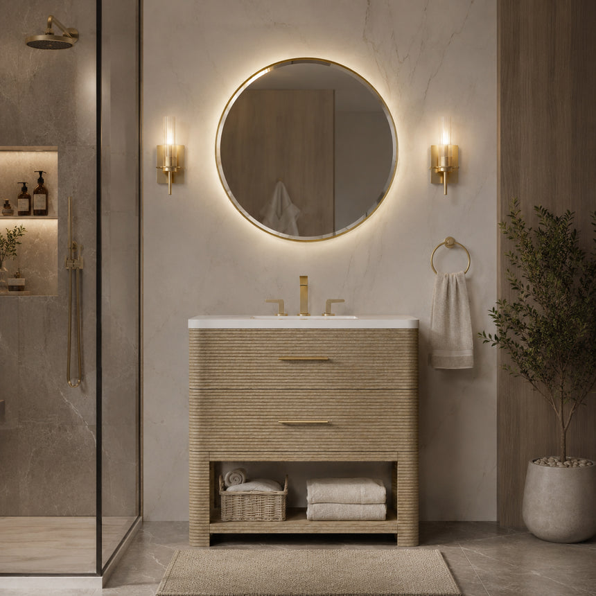 A modern bathroom vanity with a light oak wood frame, six drawers, an open lower shelf, and a white marble top with an integrated sink. The vanity is styled in a bright bathroom with a white freestanding tub, a gold faucet, and a glass shower stall in the background.