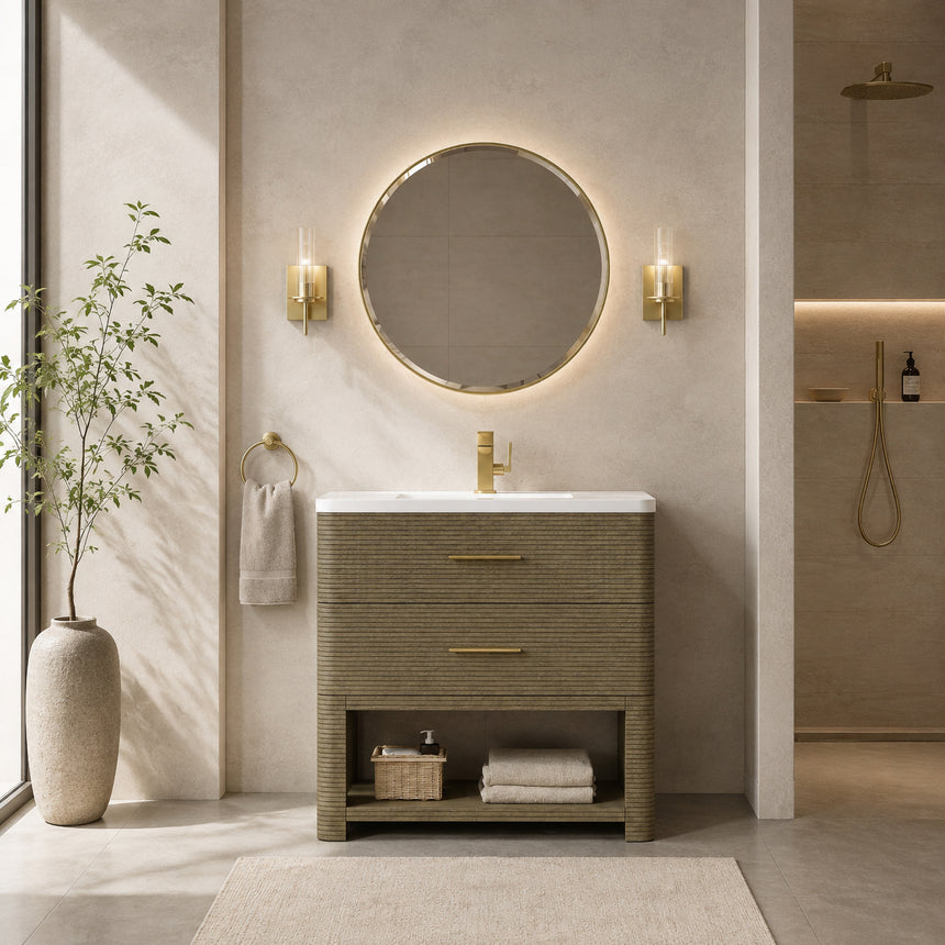 A modern bathroom vanity with a light oak wood frame, six drawers, an open lower shelf, and a white marble top with an integrated sink. The vanity is styled in a bright bathroom with a white freestanding tub, a gold faucet, and a glass shower stall in the background.