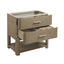 A modern two-drawer bathroom vanity with a light oak wood grain finish, featuring a top tray, two pull-out drawers with gold-toned handles, and an open lower shelf, shown on a white background.