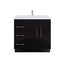 Black bathroom vanity with gold handles on a white background