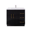 Black bathroom vanity with white countertop and gold handles on a white background