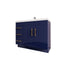 Bathroom vanity with navy blue cabinets and gold handles on a white background