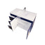 Bathroom vanity with open cabinet doors on a white background