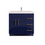 Bathroom vanity with blue cabinet, white countertop, and gold handles on a white background