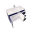 Bathroom vanity with white countertop and open drawer on a white background