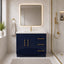 Bathroom with navy blue vanity, white sink, and gold fixtures.