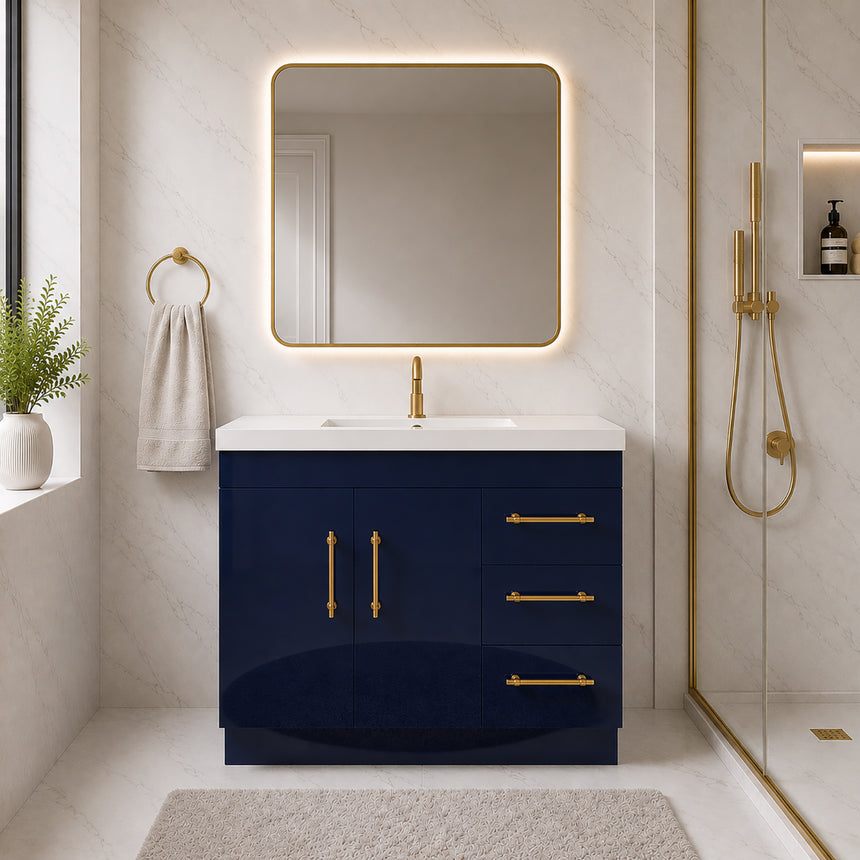 Bathroom with wooden vanity, sink, and decorative elements.