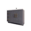 Gray bathroom vanity with white countertop and gold handles on a white background