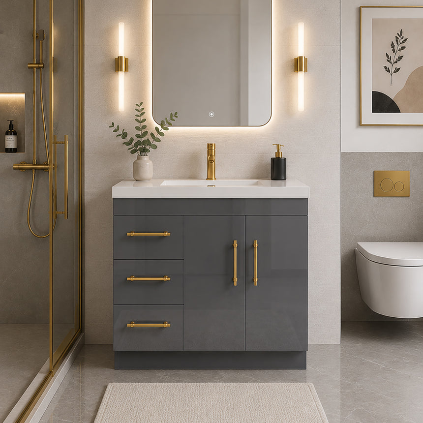 Bathroom with wooden vanity, sink, and decorative elements.