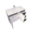 Bathroom vanity with open drawer on a white background