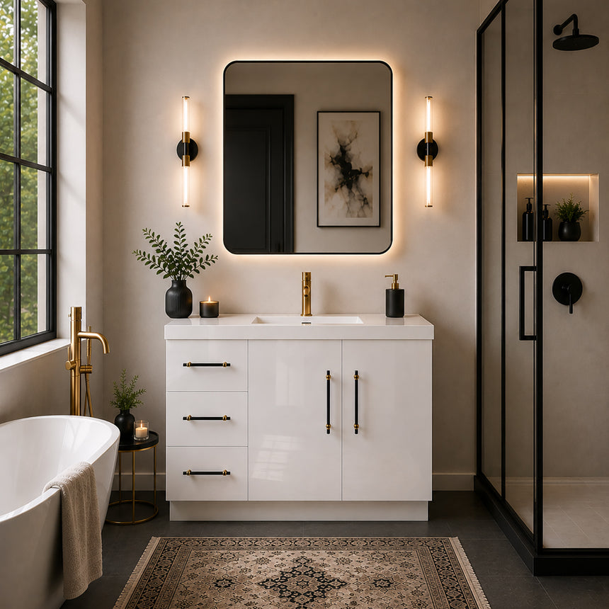 Bathroom with wooden vanity, sink, and decorative elements.