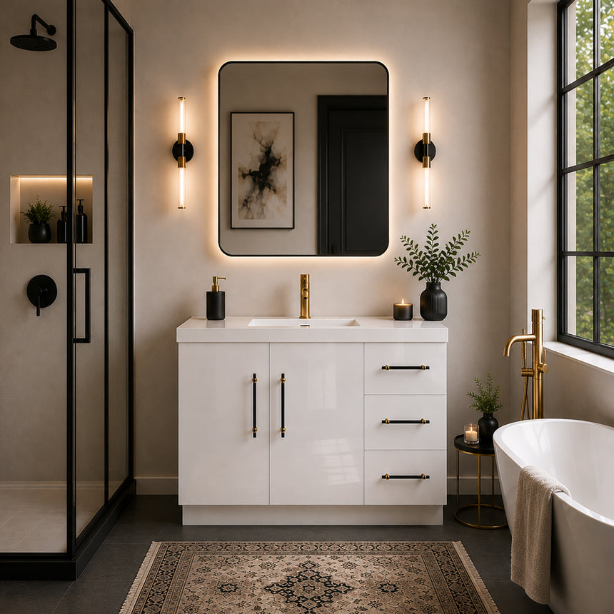 Bathroom with wooden vanity, sink, and decorative elements.