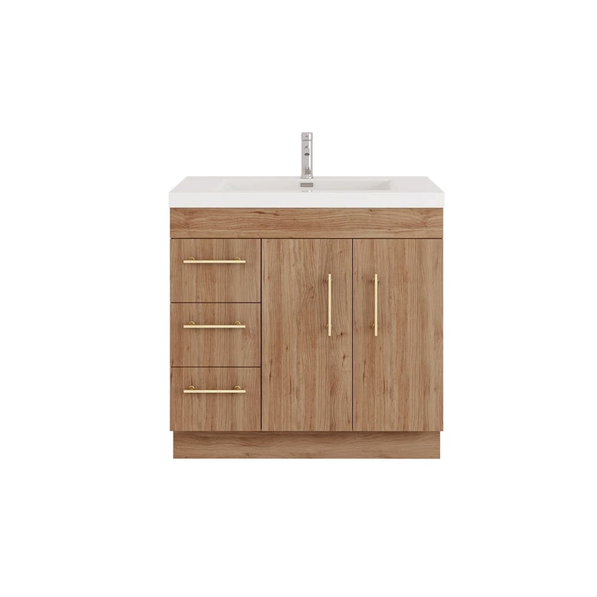 Bathroom with wooden vanity, sink, and decorative elements.
