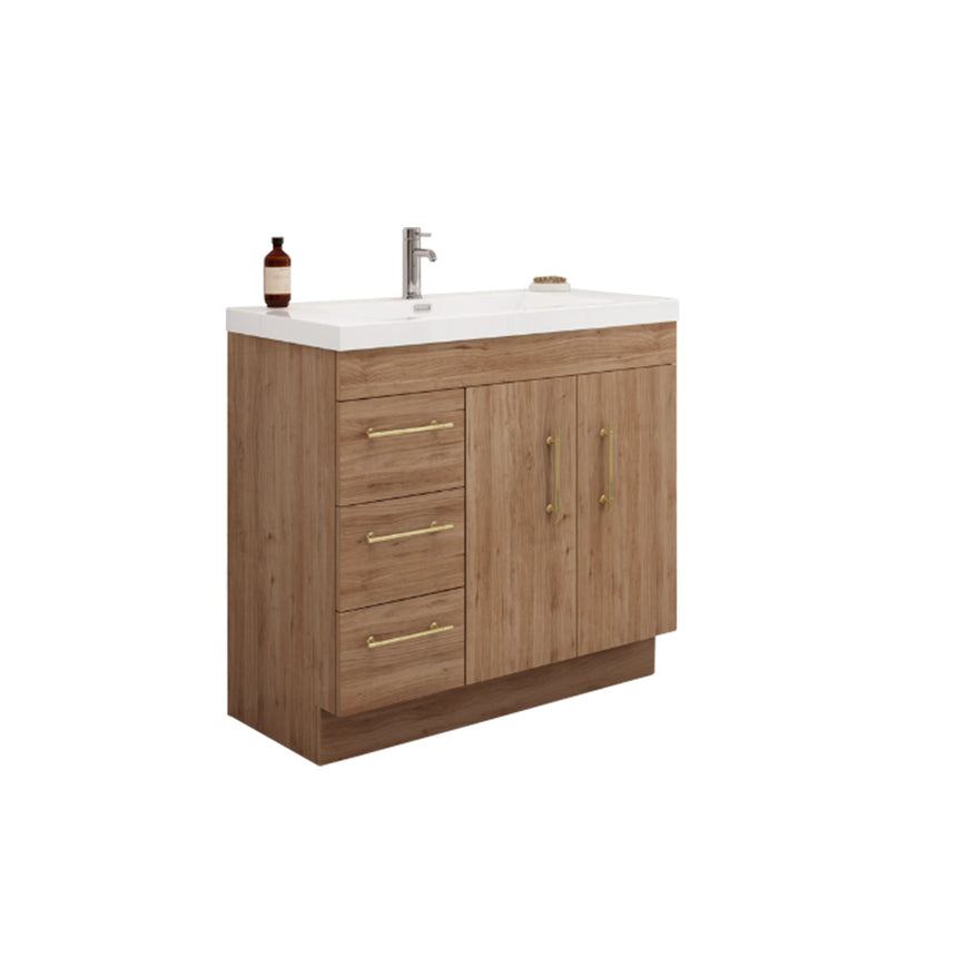 Bathroom with wooden vanity, sink, and decorative elements.
