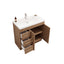 Wooden bathroom vanity with white countertop and open cabinet door on a white background
