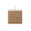 Wooden bathroom vanity with white countertop on a white background