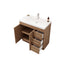 Wooden bathroom vanity with white countertop and sink on a white background