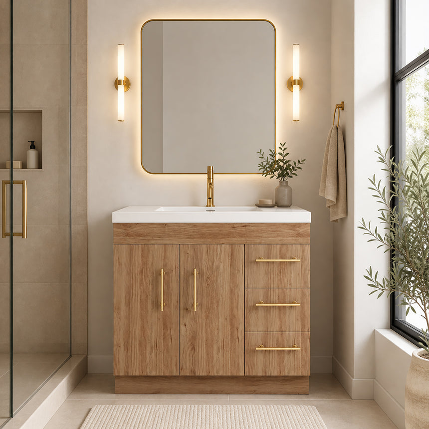 Bathroom with wooden vanity, sink, and decorative elements.