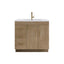 Bathroom vanity with wooden finish, white countertop, and gold fixtures on a white background
