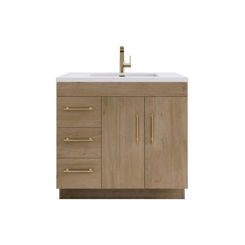 Bathroom with wooden vanity, sink, and decorative elements.