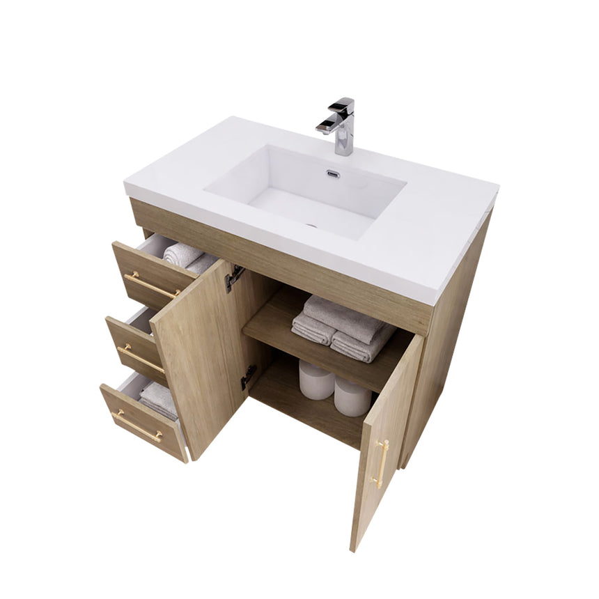 Bathroom with wooden vanity, sink, and decorative elements.
