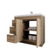 Bathroom vanity with open doors showing storage compartments on a white background