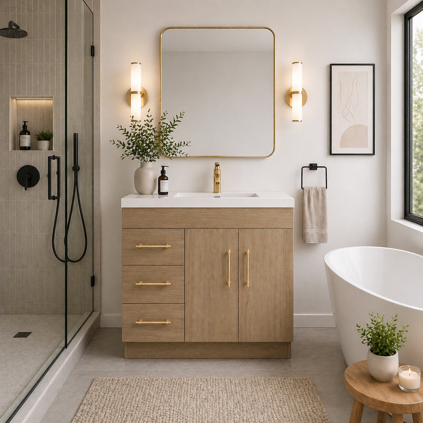 Bathroom with wooden vanity, sink, and decorative elements.