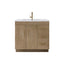 Bathroom vanity with wooden finish, white countertop, and gold fixtures on a white background