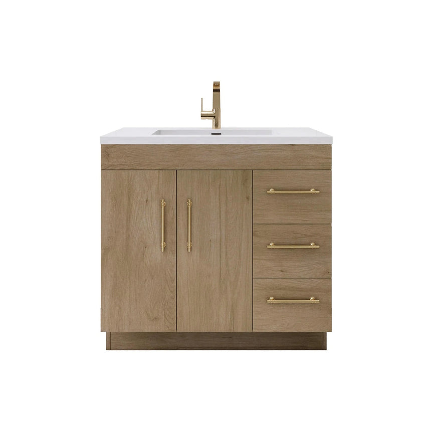 Bathroom with wooden vanity, sink, and decorative elements.