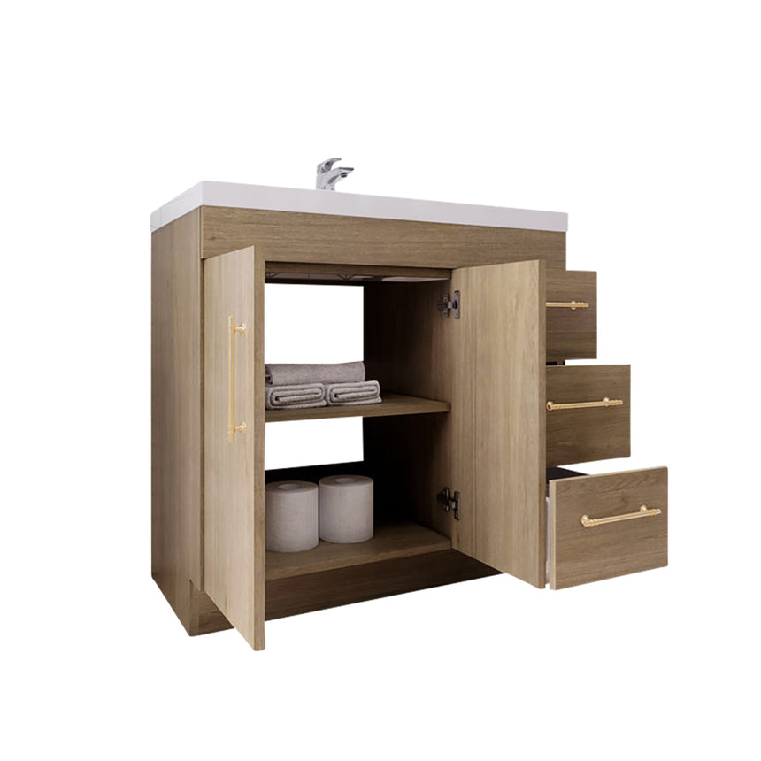 Bathroom with wooden vanity, sink, and decorative elements.