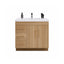 Bathroom vanity with wooden finish, white countertop, and gold handles on a white background