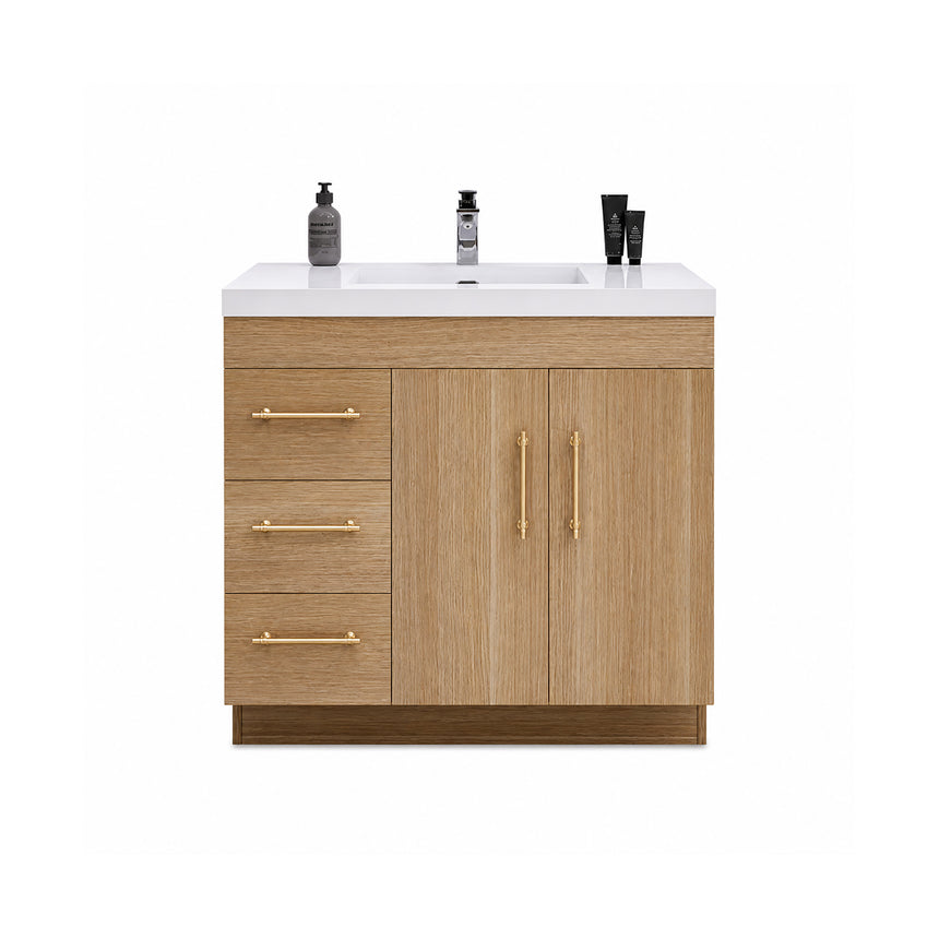 Bathroom with wooden vanity, sink, and decorative elements.